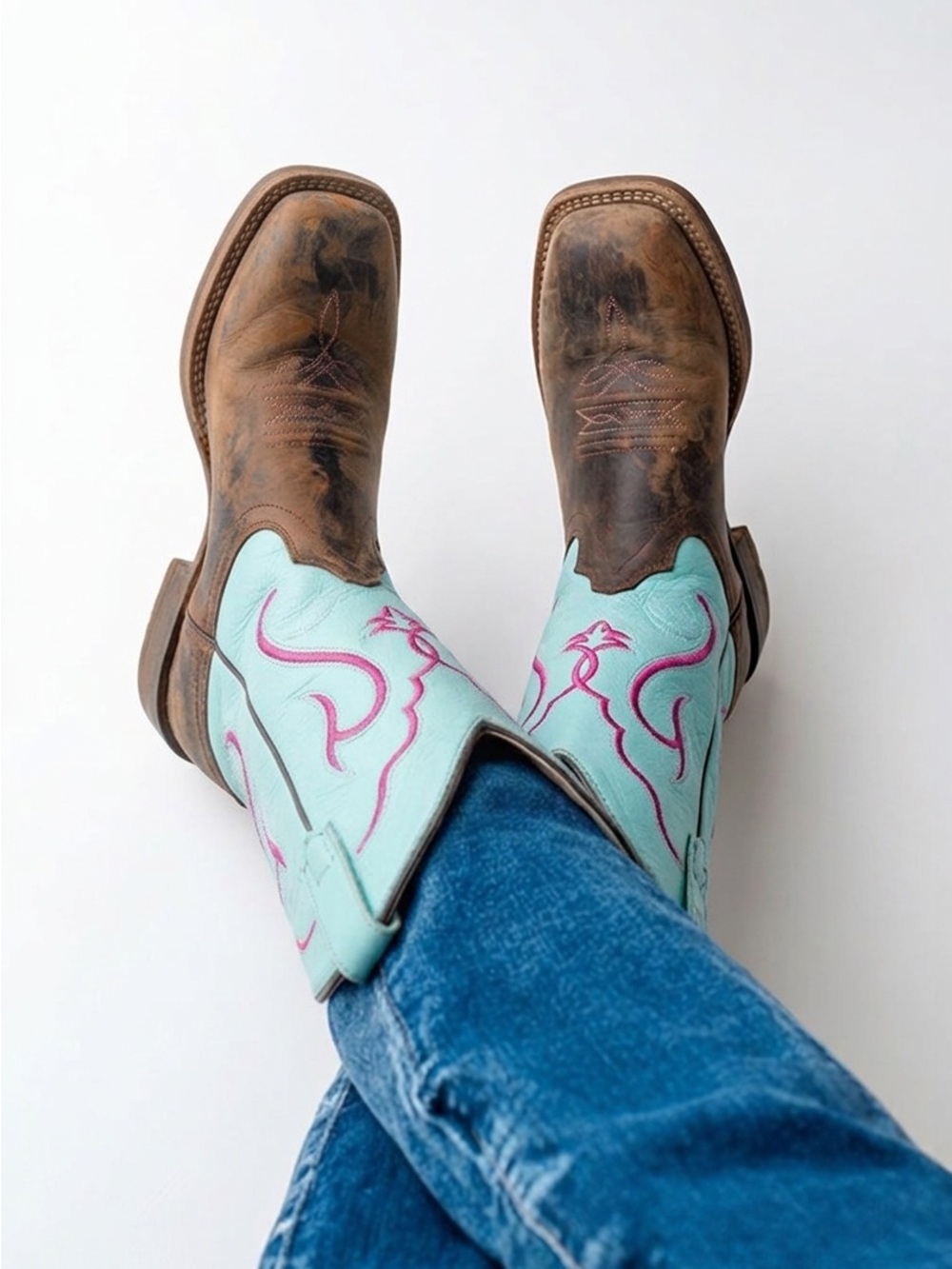 Old West Kids Crazy Horse Distressed Leather Cowboy Rodeo Aqua Pink Embroidery-4